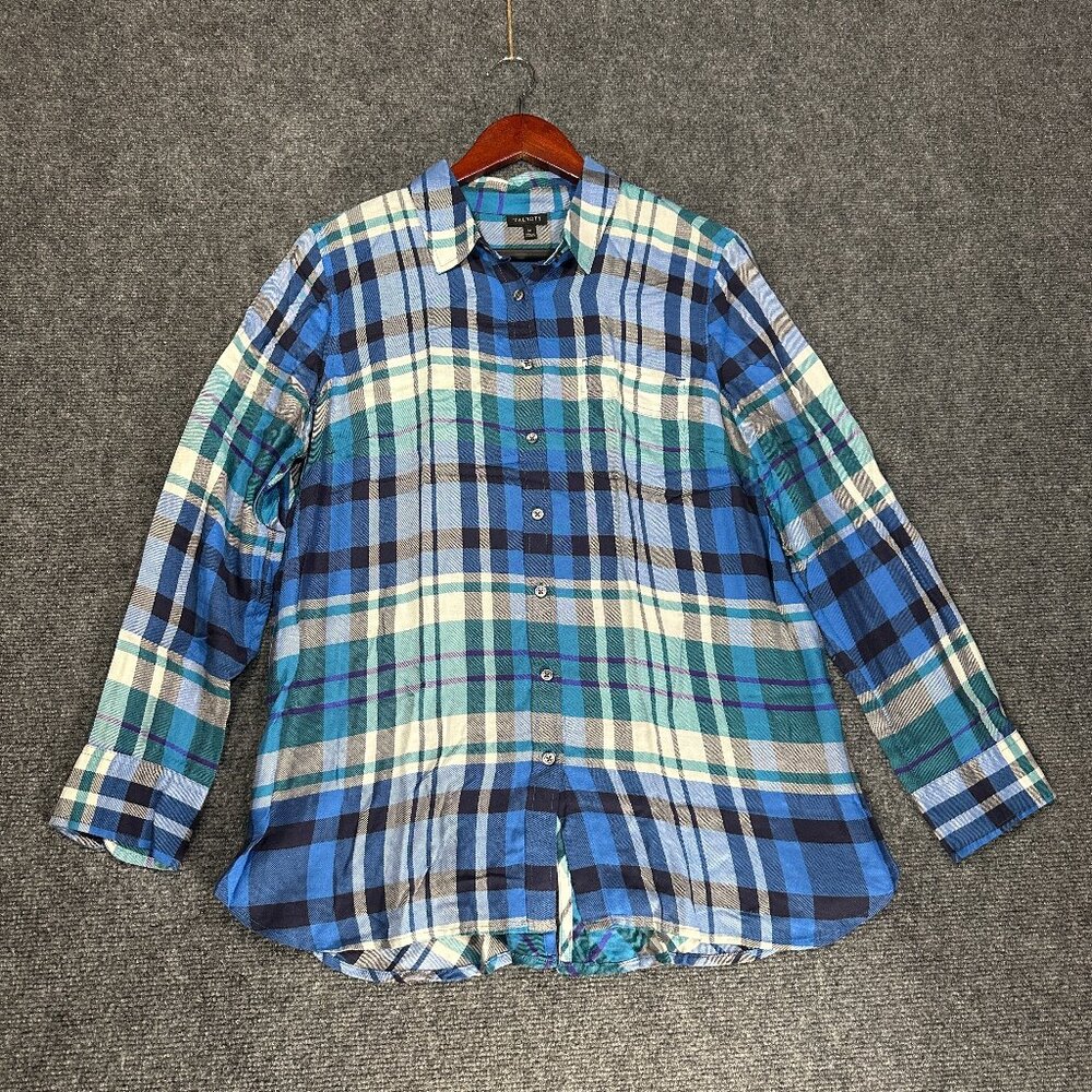 Talbots Shirt Womens Medium Blue Plaid Button Up Blouse Pocket Button Cuffs